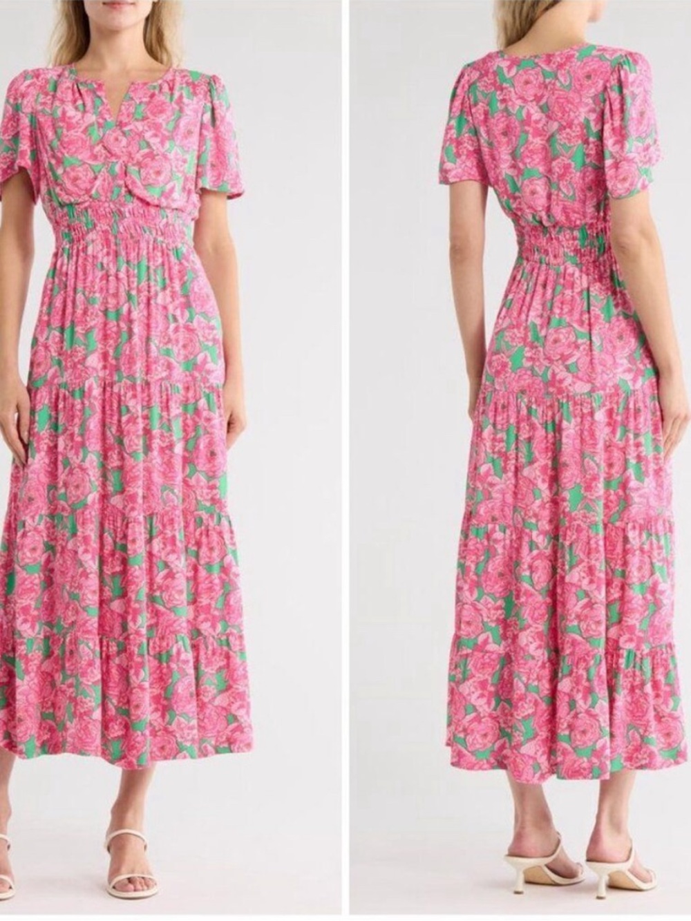 Love By Design Pink Floral Maxi Cottagecore Dress Short Sleeves sz small NWT